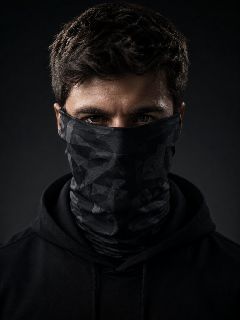 Person whose entire lower face is covered by a camo neck gaiter
