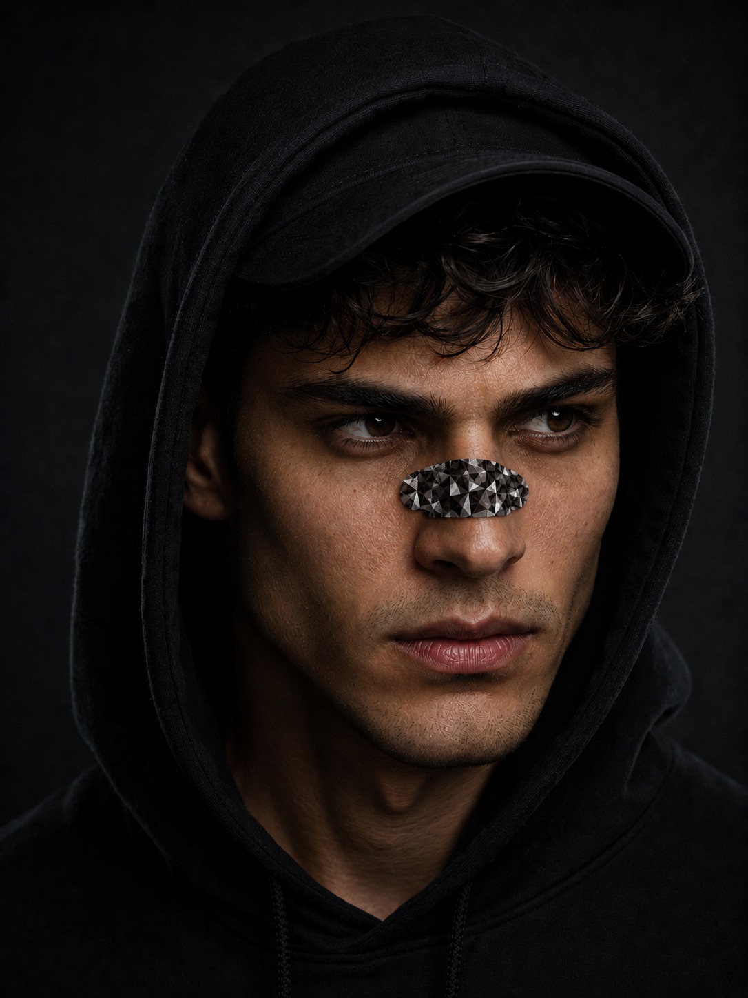 Person wearing the AI Blocker nose strip, dark hooded portrait